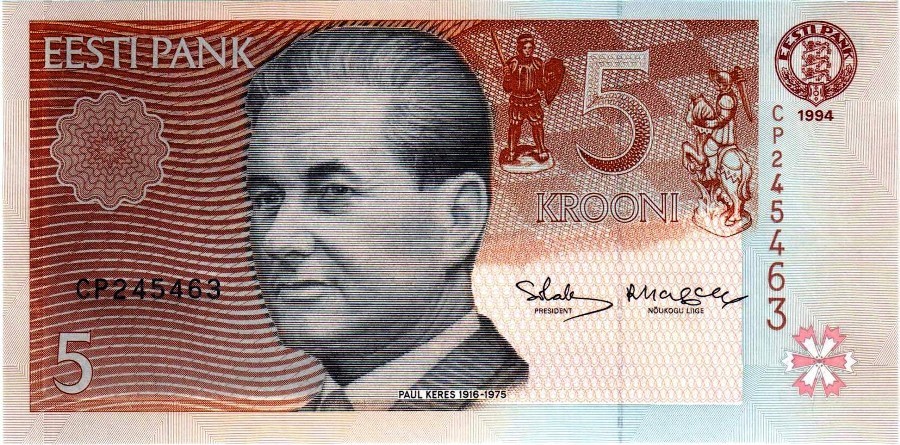 4742.jpeg Эстония 5 крон 1994 г. «Советский шахматист Пауль Керес» UNC