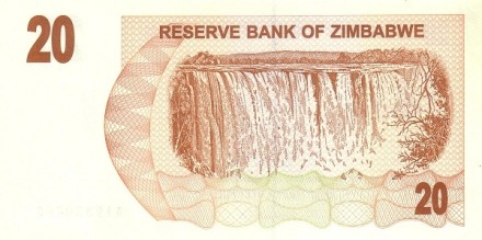 Зимбабве 20 долларов 2007 Чек на предъявителя. Водопад Виктория UNC